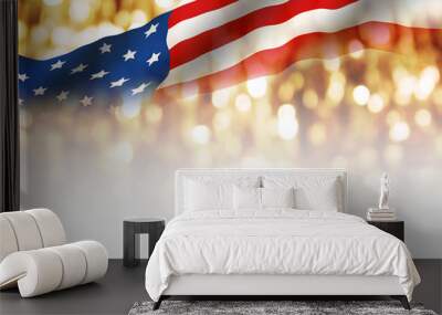 Double exposure of USA flag and gold bokeh for independence day and other celebration Wall mural