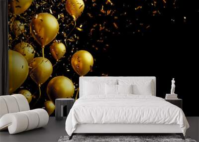 Gold balloon and foil confetti falling on black background with copy space 3d render Wall mural