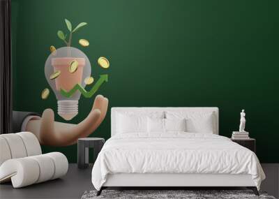 Green economy concept design of business hand with light bulb and tree in flower pot with gold coin 3D render Wall mural