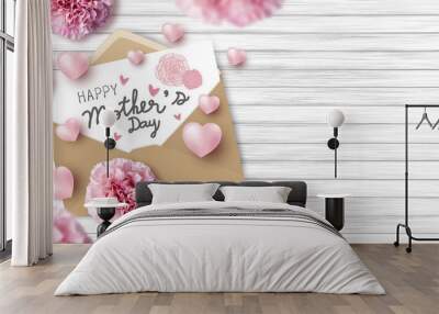 happy mother's day on white paper in brown envelope and pink heart and carnation flowers on wood tex Wall mural