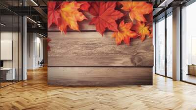 Maple leaves on wood background with copy space in autumn Generative ai Wall mural