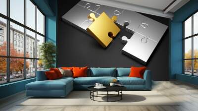 Metal jigsaw puzzle on black background 3d render Wall mural