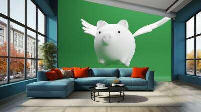 Savings concept design of piggy bank with wing flying on green background 3D render Wall mural