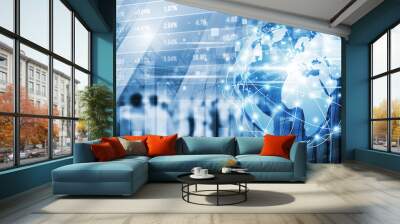 stock market concept design of digital global business network connection and people walking in the  Wall mural