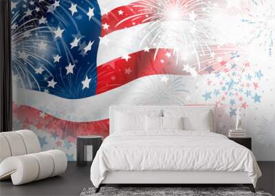 USA flag with fireworks on white background Wall mural