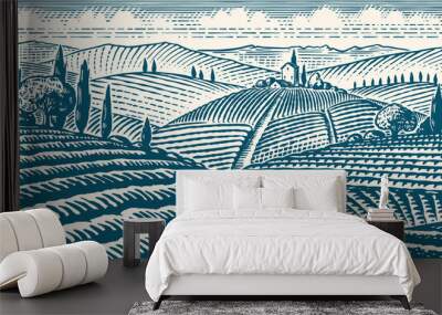  Fields and hills of Tuscany. Scenic view of vineyards. Wide panoramic vine plantation in Chianti. French or Italian engraved landscape. Hand drawn monochrome vintage horizontal sketch.  Wall mural