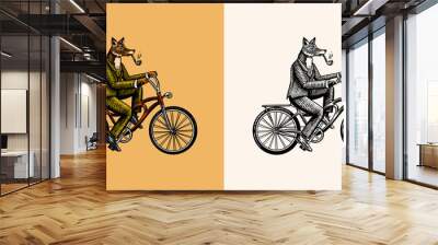 A fox with a pipe in a suit rides a bicycle and pedals. Fashion animal character. Hand drawn woodcut outline sketch. Vector engraved illustration for logo and tattoo or T-shirts. Wall mural