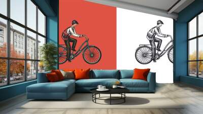 A man on a bicycle. Eco friendly transport. The postman rides a bike. Vintage custom emblem, label badges for t shirt. Monochrome retro style. Hand drawn engraved sketch Wall mural