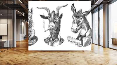 Animal characters set. Smoking Goat Llama skier Deer lady Walrus Crocodile Dog Donkey Alpaca. Hand drawn portrait. Engraved monochrome sketch for card, label or tattoo. Hipster Anthropomorphism. Wall mural