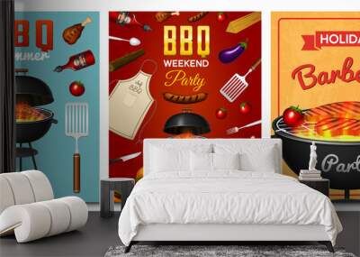 Barbecue grill elements set isolated on red background. BBQ party poster. Summer time. Meat restaurant at home. Charcoal kettle with tool, sauce and foods. Kitchen equipment for menu. Cooking outdoors Wall mural