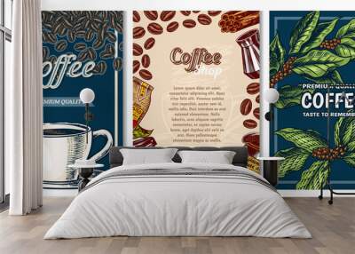 Coffee cards in vintage style. Hand drawn engraved poster, retro doodle sketch on dark background. Leaves and cup, beans and calligraphic inscription. Vector Template Banner. Wall mural