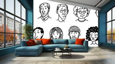 Diverse faces of people set. Human Avatars Collection. Old and young age. Happy emotions. Portrait with a positive facial expression. Men and women, grandparents and girls. Hand drawn doodle sketch. Wall mural