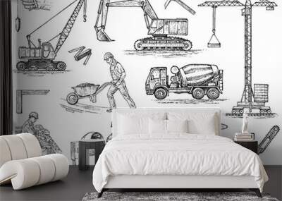 Engineering vehicle. Heavy equipment for the construction of buildings. Agricultural machinery. Crane and agrimotor, tractor and excavator, concrete truck for farm and earthwork operations. Hand drawn Wall mural