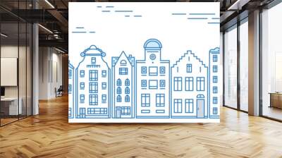 Europe house and apartments. Set of cute architecture in Amsterdam. Neighborhood with classic street and cozy homes. Building and facades for Banner or poster. Doodle sketch. Wall mural