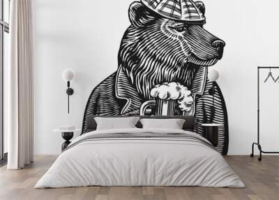 Grizzly Bear with a beer mug. Brewer with a glass cup. Fashion animal character. A wild beast in a newsboy s cap. Hand drawn sketch. Vector engraved illustration for logo and tattoo or T-shirts. Wall mural