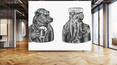 Grizzly Bear with a beer mug. Octopus sailor and Hare or Rabbit waiter. Dog officer and bird. Black panther and Bee biker. Japanese text means: karate. Fashion animal character. Hand drawn sketch. Wall mural