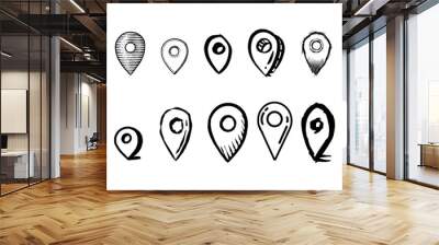 Hand drawn Map pins, doodle navigation, sign location. Set isolated on white background.  Wall mural