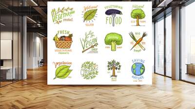 Healthy Organic food logos set or labels and elements for Vegetarian and Farm green natural vegetables products, vector illustration. badges healthy life. engraved hand drawn in old sketch. Wall mural