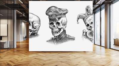 Human skull. Dead Native American Indian, knight in armor, Sailor or seaman and jester in vintage style. Retro old school sketch for tattoo. Monochrome Hand drawn engraved retro badge for t-shirt. Wall mural