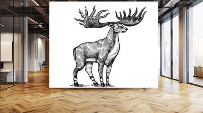 Irish elk or Giant deer or Great Horn. Prehistoric mammals. Extinct animal. Vintage retro vector illustration. Doodle style. Hand drawn engraved sketch Wall mural