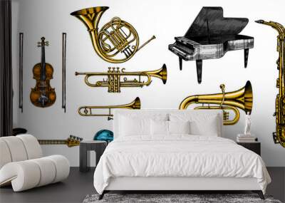 Jazz classical wind instruments set. Musical Trombone Trumpet Flute Bass guitar Semi-acoustic French horn Saxophone Cello Tuba Violin Piano. Hand drawn monochrome engraved vintage sketch. Wall mural