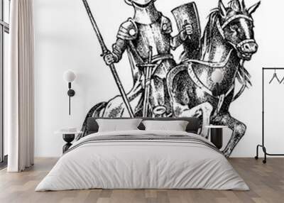 Medieval armed knight. Historical ancient military character. Prince with a spear and a flag. Ancient fighter. Vintage vector sketch. Engraved hand drawn illustration. Wall mural