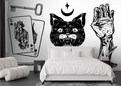 Mystical boho elements. Witchcraft astrological set. Esoteric alchemy occult sketch for tattoo. Black witch cat, hand of the dead, playing cards, fortune telling. Drawn Engraved vector illustration. Wall mural