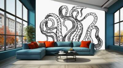 Octopus tentacles. Engraved hand drawn in old sketch, vintage creature. Nautical or marine, monster. Animal in the ocean. Template for logos, labels and emblems. Wall mural