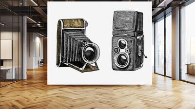 Photo camera vintage, engraved hand drawn in sketch or wood cut style, old looking retro lens, isolated vector realistic illustration Wall mural