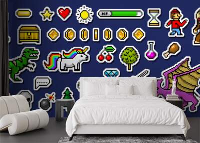 Pixel art 8 bit objects. Retro game assets. Set of icons. vintage computer video arcades. characters dinosaur pony rainbow unicorn snake dragon monkey and coins, Winner's trophy. vector illustration. Wall mural