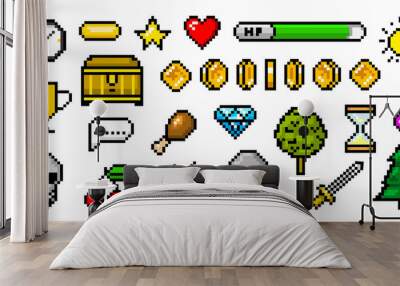 Pixel art 8 bit objects. Retro game assets. Set of icons. Vintage computer video arcades. Coins and Winner's trophy. Vector illustration. Wall mural