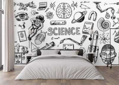 Science banner. Engraved hand drawn in old sketch and vintage style. Astronaut and rocket. Scientific formulas and calculations in physics and mathematics and biology or astronomy on whiteboard. Wall mural