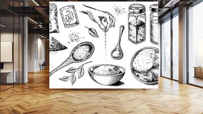 sea salt set. glass bottles, packaging and and leaves, wooden spoons, powdered powder, spice in the  Wall mural