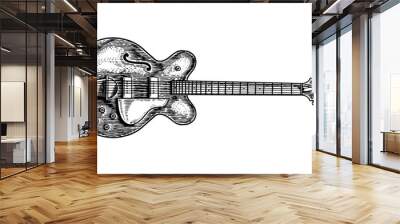 Semi-acoustic jazz bass guitar in monochrome engraved vintage style. Hand drawn sketch for Rock festival or blues and ragtime poster or t-shirt. Musical classical stringed electro instrument.  Wall mural