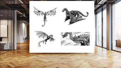 Set of Dragon in Vintage style. Mythological animal or traditional reptile. Symbol for tattoo or label. Engraved hand drawn line art old monochrome sketch, ink. Vector illustration.  Wall mural