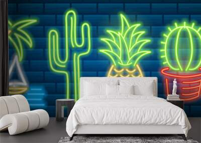 Set of fashion neon sign. Cactus and pineapple, tropical plants, palm trees and leaves. Night bright signboard, Glowing light banner. Summer logo for Club or bar on dark background. Editable vector. Wall mural