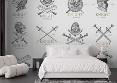 set of monochrome knights emblems, badges, labels and logos medieval helmet, swords, mace, daggers s Wall mural