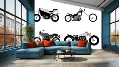 Set of motorcycle or motorbike, bike or extreme cycle. Retro street scooter and modern cruiser or moped. Collection transports for road racing. Wall mural