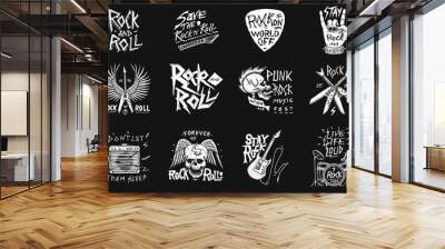 Set of Rock and Roll music symbols with Guitar Wings Skull, Drums Plectrum. labels, logos. Heavy metal templates for design t-shirt, night party and festival. Hand drawn. Engraved sketch. Wall mural