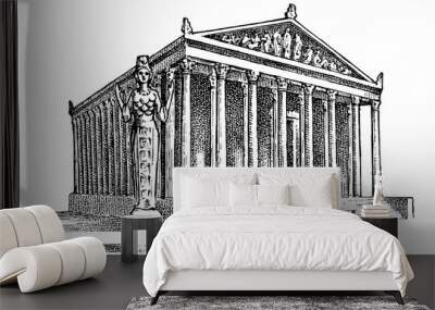 Seven Wonders of the Ancient World. Temple of Artemis at Ephesus. The great construction of the Greeks. Hand drawn engraved vintage sketch. Wall mural