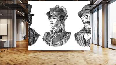 Victorian and woman gentleman with hat and mustache. Belgian Man and lady in vintage retro style. Vector illustration. Antique old monochrome character. Hand drawn engraved retro sketch. Wall mural