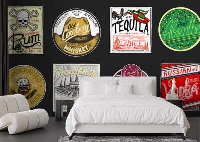 Vintage American badge. Absinthe Tequila Vodka Liqueur Rum Wine Strong whiskey Beer. Alcohol Label with calligraphic elements. Frame for poster banner. Hand drawn engraved lettering for t-shirt. Wall mural