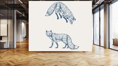 Wild red fox set. Forest ginger animal flying and jumping. Vector Engraved hand drawn Vintage sketch for label or poster. Generative AI Wall mural