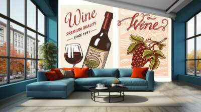 Wine posters or vineyard banners. Sparkling champagne background, Cheers toast and Grape. Hand Drawn engraved vintage sketch for bar, alcohol label, restaurant menu. Wall mural