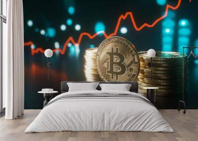 Bitcoins And Chart, Bitcoin And Glowing Screen Graph Wall mural