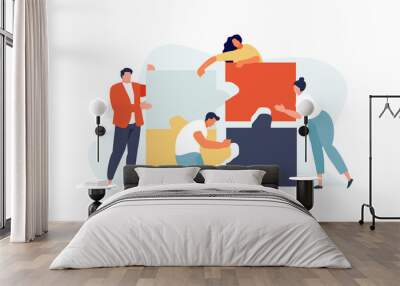 Business people add puzzle teamwork concept. Collaborate on a business challenge Wall mural