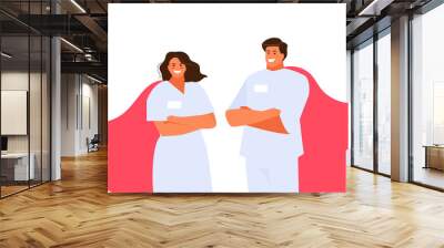 Doctors man and woman in cloaks of superheroes vector characters. Medicine and healthcare Wall mural