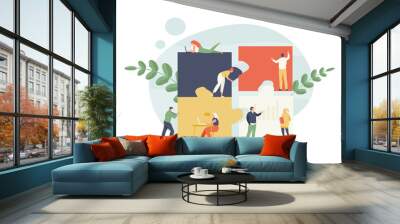 Group of business people adds puzzle. Teamwork and collaboration vector illustration Wall mural