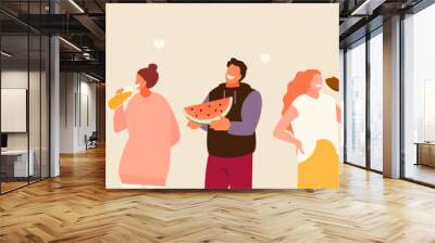 Group of happy people eating sweets. Body positive and enjoyment of food vector illustration Wall mural