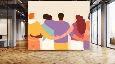 Group of hugging friends rear view. Friendship and support vector illustration Wall mural